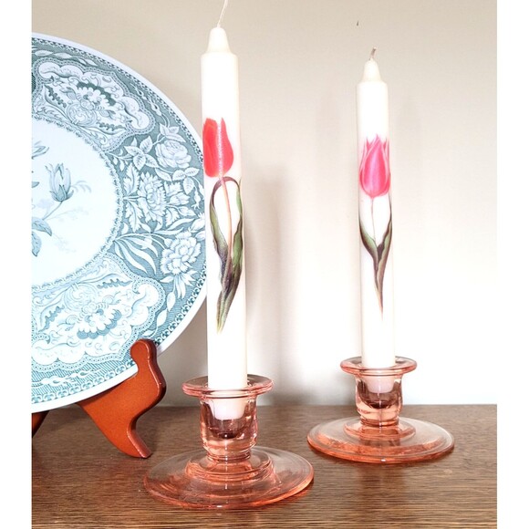 VTG PAIR PINK DEPRESSION GLASS CANDLESTICKS HOLDERS Shabby Chic Farmhouse Decor - Picture 2 of 10